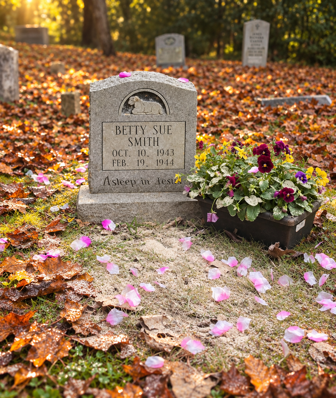 Gravestone surrounded by flowers and pink petals