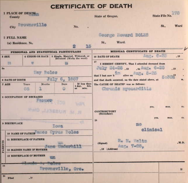 Oregon death certificate for George Howard Boles, naming James Cyrus Boles and Jane Underhill as his parents. The age/date information differs from the census.