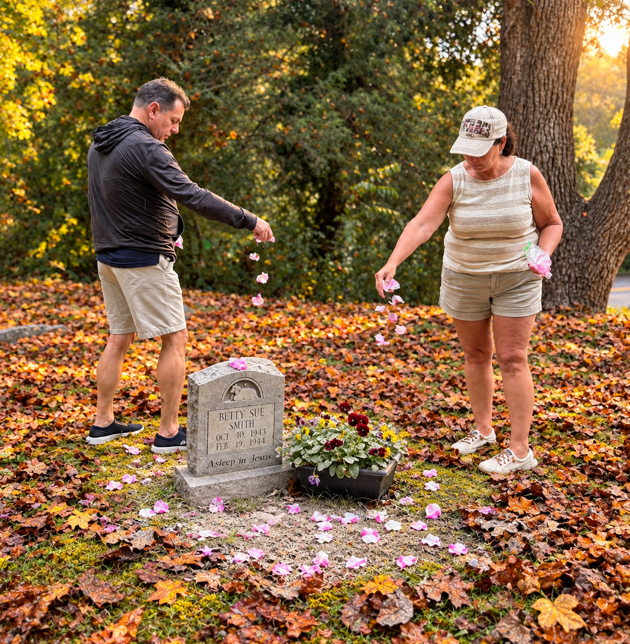 Two family members scattering pink flower petals at a gravesite