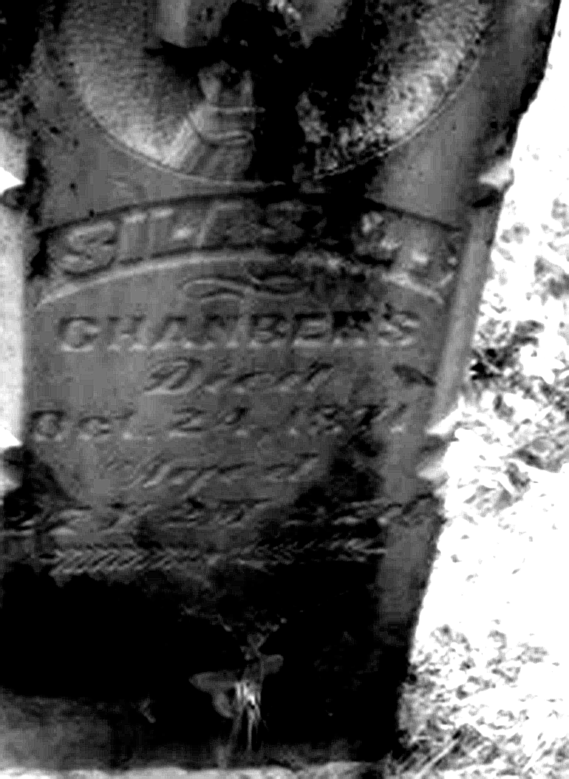 Enhanced black-and-white image of a weathered Chambers gravestone